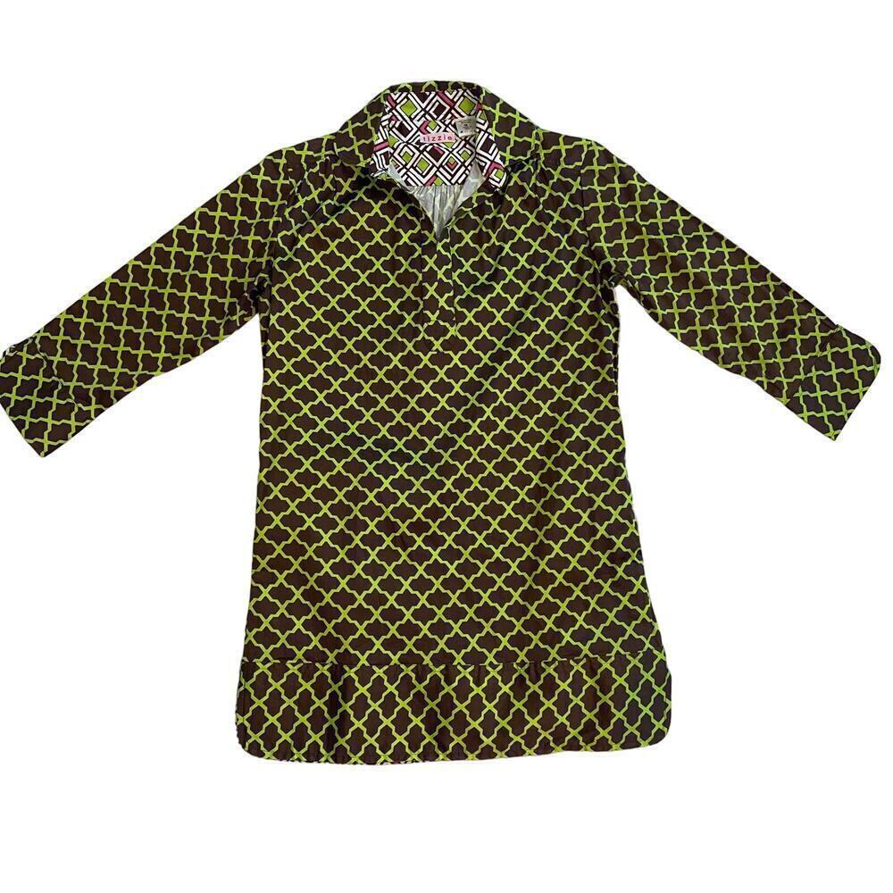 Tizzie Cotton Brown & Lime Green Geometric Tunic Top Contrast Cuffs Size XS
